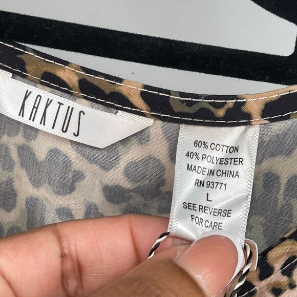 Kaktus Leopard Print Tie-Front Peplum Blouse Cotton Poplin Size Large NWT - Picture 3 of 13
